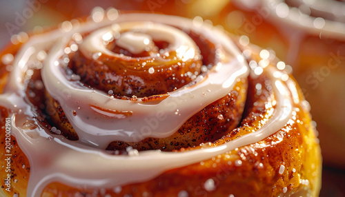 Cinnamon bun with glossy icing drizzle in super close up
