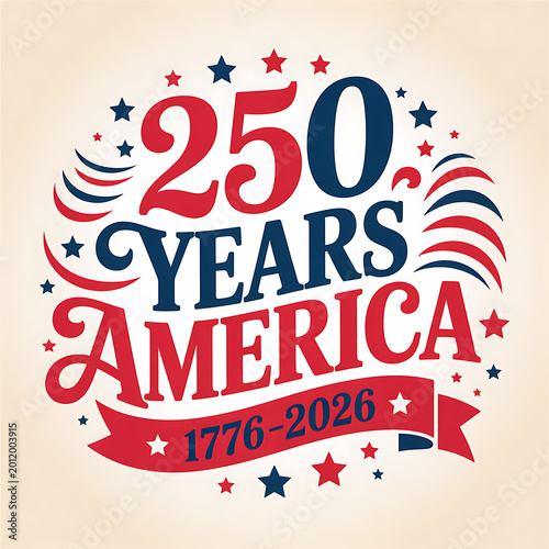 A patriotic commemorative graphic celebrating America's 250 years of independence with stars, stripes, and anniversary text.
