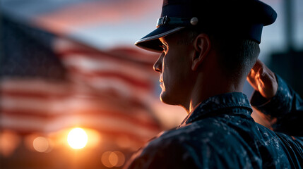 Cinematic back view silhouette of a uniformed figure saluting toward a softly defocused waving american flag against a bright glowing sunset sky memorial day military salute