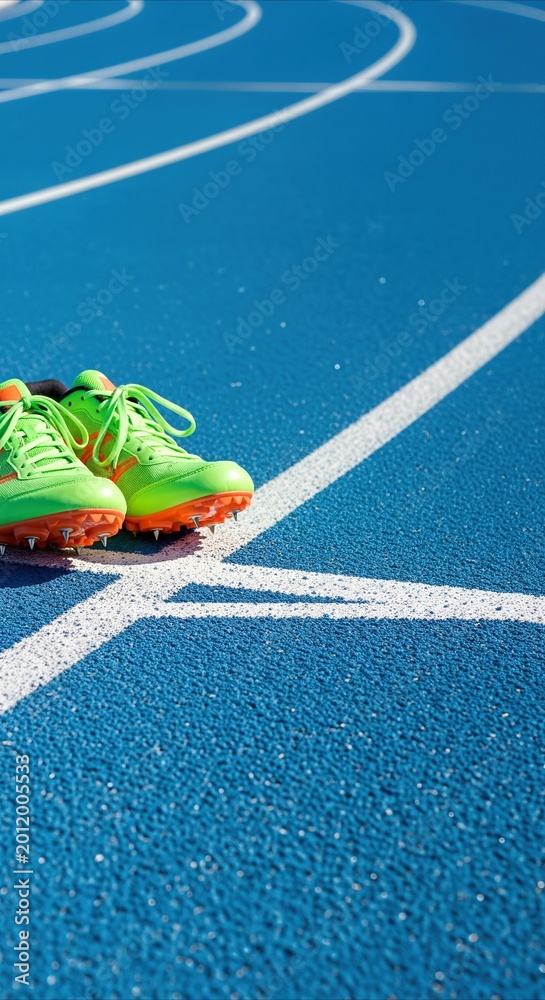 Fototapeta premium Bright Green Spiked Running Shoes on Blue Track Starting Line, Capturing Athletic Drive and Competition