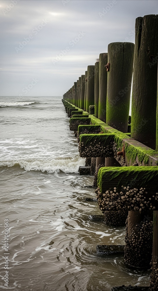 Fototapeta premium Weathered wooden breakwater with algae and barnacles on a cloudy day, leading into the sea