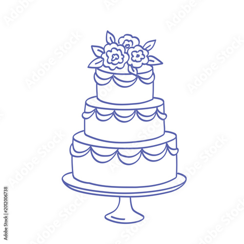 Three tier wedding cake decorated with flowers. Vector line art hand drawn illustration for bakeries, catering, and wedding designs.