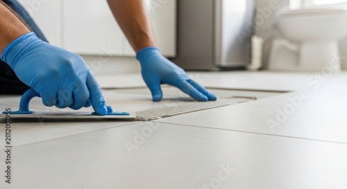Professional repair with hands tiling floor using grout and blue tool on clean ceramic tiles. Tiling represents a vital part of renovation projects and home improvement endeavors,