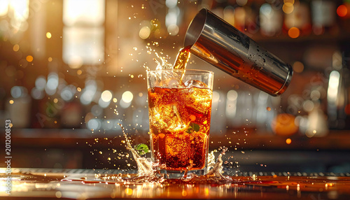 Cocktail shaker pouring drink with liquid motion captured mid air

