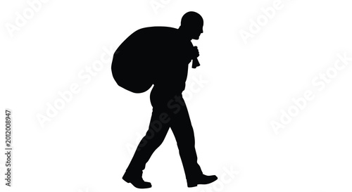 Schilderij op canvas traveler silhouette walking with large sack on white background