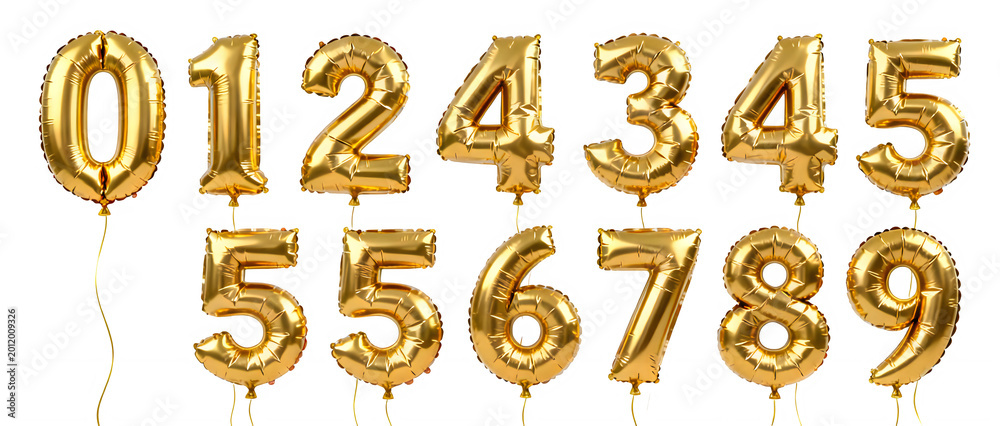 Obraz premium Golden foil balloon numbers set from zero to nine, metallic gold numeric balloons for birthday party, shiny helium balloon collection for anniversary isolated on White Background