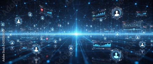 Futuristic digital network connection with holographic interface elements