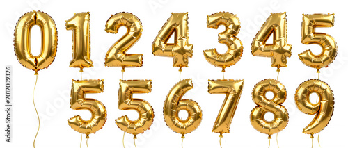 Golden foil balloon numbers set from zero to nine, metallic gold numeric balloons for birthday party, shiny helium balloon collection for anniversary isolated on White Background