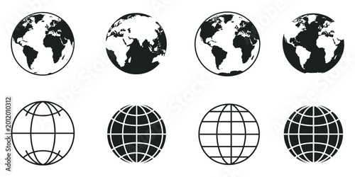 Photos Globe Icon Set, modern black and white vector illustration of global network ear