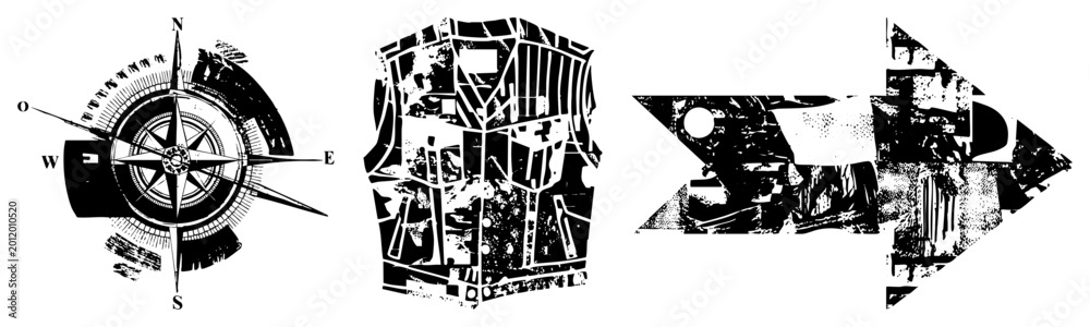 Fototapeta premium Rugged compass & arrow in distressed stencil style ideal for adventure maps or urban branding. Call it a skid lid or brain bucket if you’re into street slang. Gritty vector set adds raw energy to an