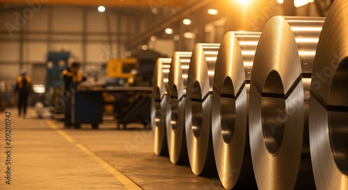 Row of gleaming steel coils in a modern factory, industrial manufacturing backdrop with golden hour light and copy space.