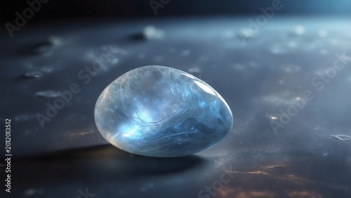 An egg-shaped translucent crystal with internal light flares resting on a dark, textured surface. The crystal emits a soft, ethereal glow