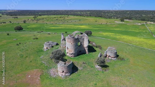 Aerial view from a drone of Asmesnal Castle in Alfaraz de Sayago, in the Sayago region of the province of Zamora, Castile and León, Spain, Europe
