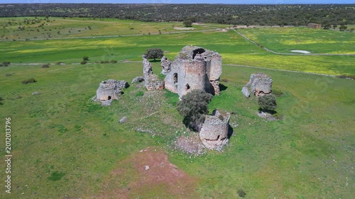 Aerial view from a drone of Asmesnal Castle in Alfaraz de Sayago, in the Sayago region of the province of Zamora, Castile and León, Spain, Europe