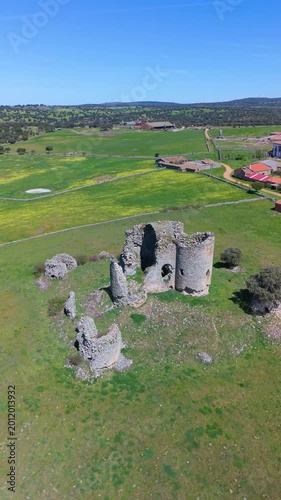 Aerial view from a drone of Asmesnal Castle in Alfaraz de Sayago, in the Sayago region of the province of Zamora, Castile and León, Spain, Europe