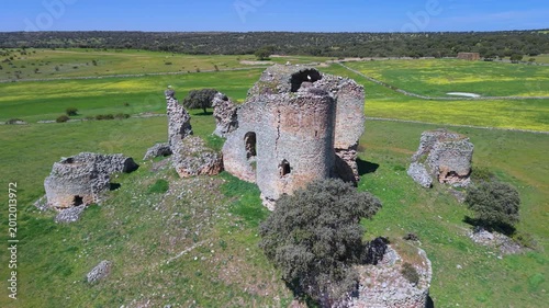 Aerial view from a drone of Asmesnal Castle in Alfaraz de Sayago, in the Sayago region of the province of Zamora, Castile and León, Spain, Europe