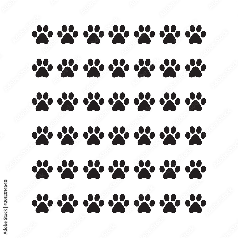 Fototapeta premium Simple repeating pattern of animal paw prints arranged in neat rows on isolated white background.