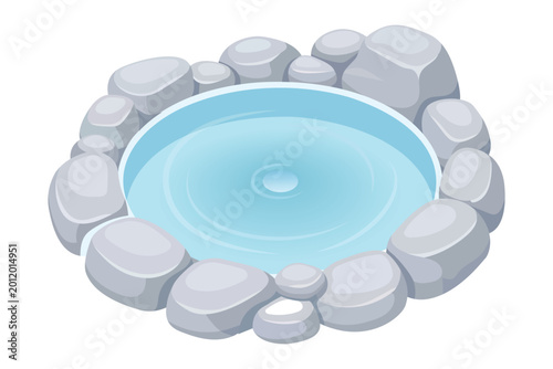 Canvas Print Calm clear blue water pond surrounded by natural gray stones water ripples creating concentric circles on surface