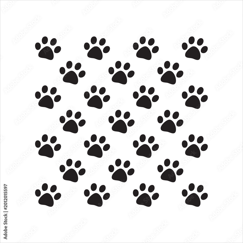 Fototapeta premium Dog paw print seamless pattern black cat foot steps background vector cute animal track wallpaper.