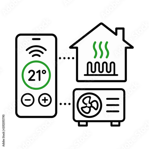Smart home heat pump control icon with smartphone and heating system