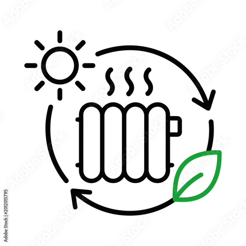 Renewable heating icon with radiator circular arrows and leaf