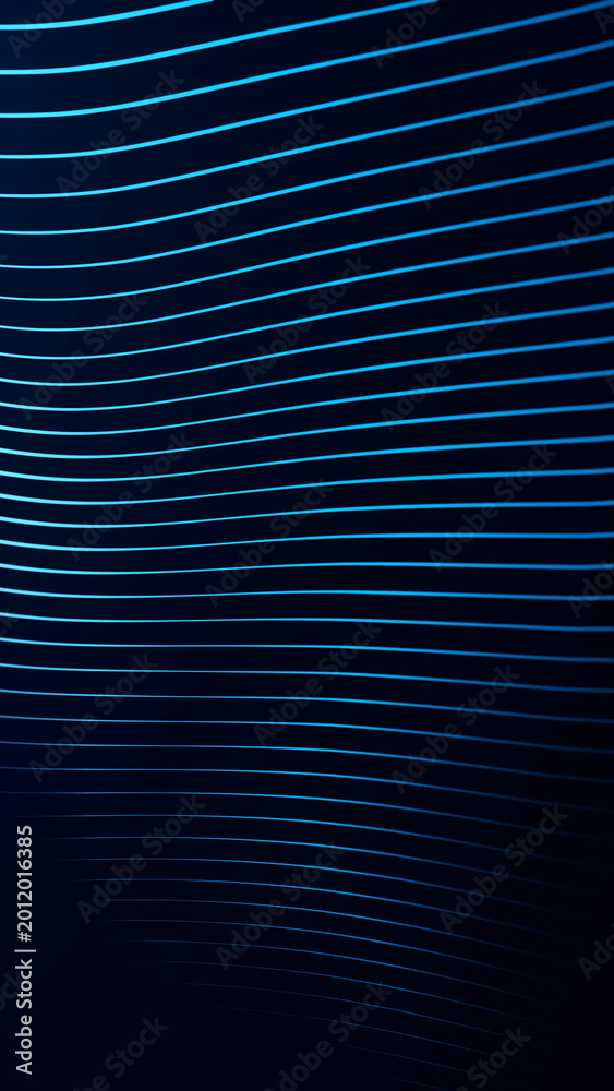 Obraz premium Dark blue vertical line pattern with glowing curved stripes, abstract minimal technology background, clean neon geometry and modern digital depth.