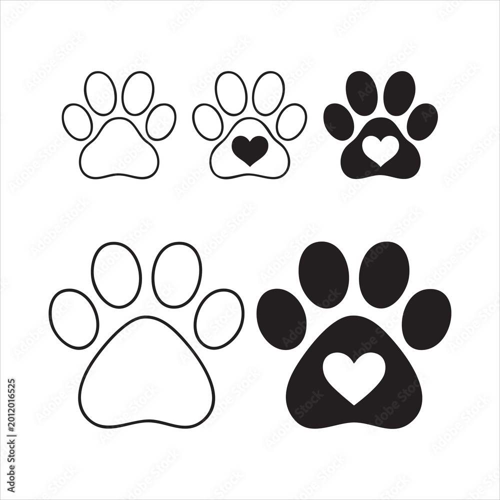 Fototapeta premium Dog paw prints variety set vector icons with heart symbol outline and solid animal footprint art.
