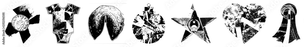 Obraz premium Raw edged symbols (onesie, fortune cookie, star badge) street slang “grit ” or “dust graphics.” Ideal for punk zines, indie merch, urban branding rough texture bold shape.