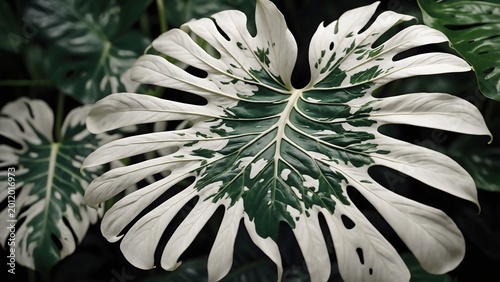 A striking variegated Monstera leaf, a symbol of lush botanical beauty and intricate natural patterns, is showcased in a close-up view, highlighting its unique green and white marbling against a soft.