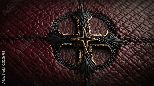 Intricate antique religious emblem embossed on aged crimson leather, with ornate metallic detailing suggesting ancient script and ceremonial significance.