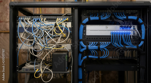 Comparison of messy and organized network server rack cable management showing professional IT infrastructure versus chaotic wiring.