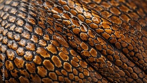 A detailed close-up of an alligator's textured skin, showcasing its scales and patterns. The colors are earthy browns and tans, suggesting a natural, rugged surface
