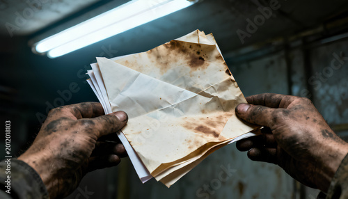 Dirty greasy hands holding tight to a coffee-stained paper that has been refolded over and over with short clean nails and callused skin and small visible scars