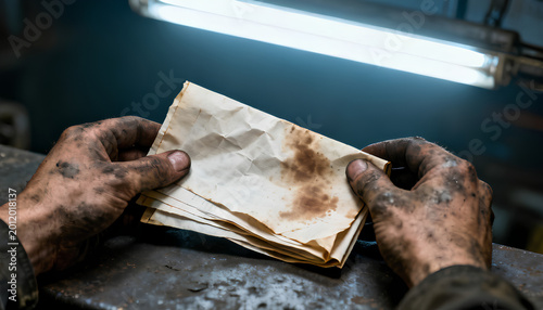 Dirty greasy hands holding tight to a coffee-stained paper that has been refolded over and over with short clean nails and callused skin and small visible scars