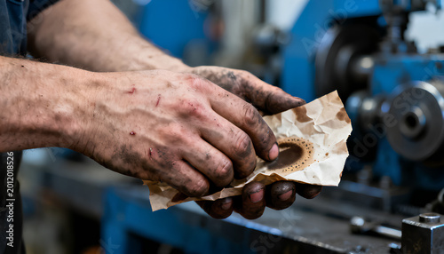 A close-up of dirty greasy hands gripping a crumpled refolded coffee-stained paper showing short clean nails and heavy calluses and little scars from labor