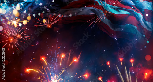 Usa Celebration - Independence Day - American Flag With Bright Sparkler And Festive Lights - Abstract Fireworks In Sky At Night - Fourth Of July