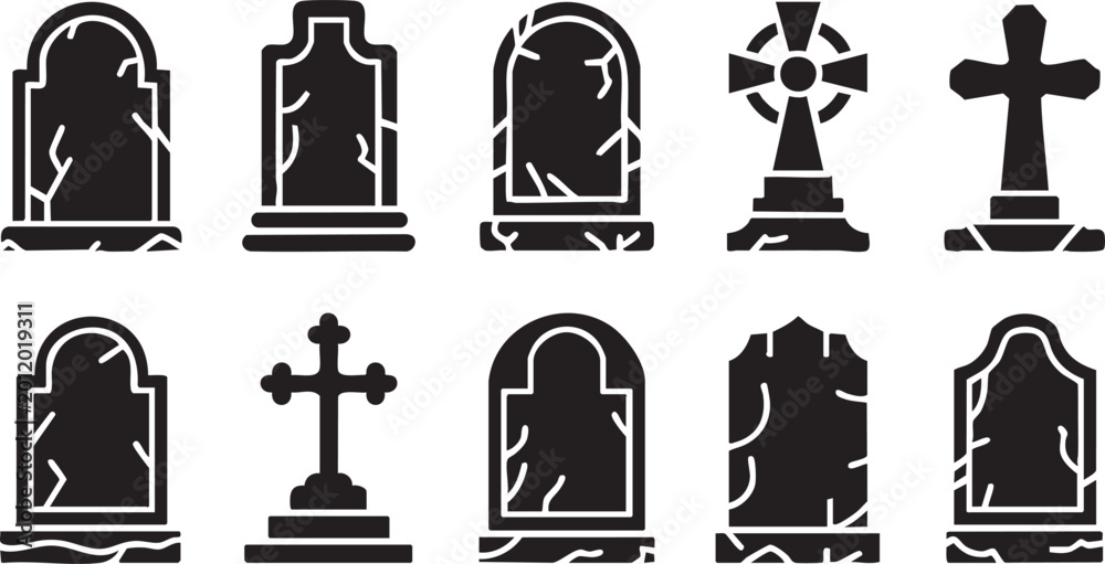 Obraz premium Dark tombstone set for happy halloween holiday on white background with shadow. Different old gravestone with crack cemetery collection. Vector flat cartoon style illustration. Graphic design element.