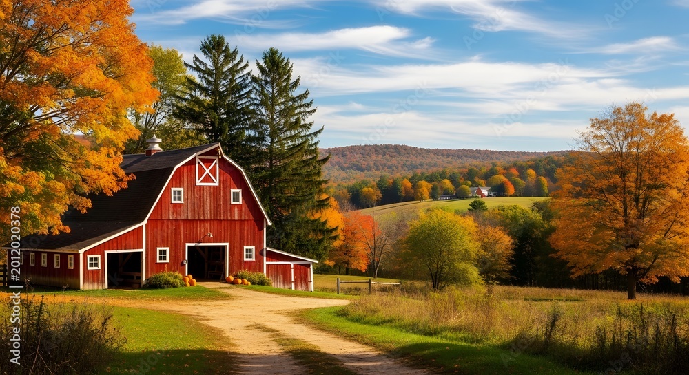 Obraz premium Red barn house in a rural autumn landscape with trees and grass