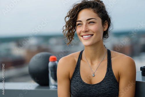 Woman with curly hair smiles while seated on rooftop ledge, wearing dark athletic tank top. background shows blurred cityscape, and water bottle and exercise ball are nearby