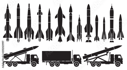 Foto Rocket and missile silhouette collection, military rocket system vectors space d