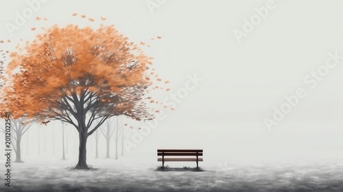Tranquil autumn scene with a lone park bench under a tree with colorful leaves
