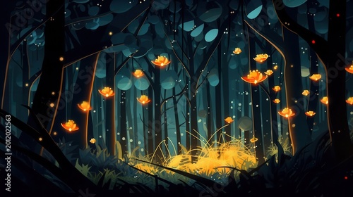 Enchanted Forest: Glowing Flora illuminate a dark, serene woodland at twilight.