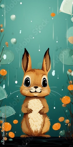 A cheerful cartoon rabbit with large eyes stands amidst colorful flowers and raindrops.