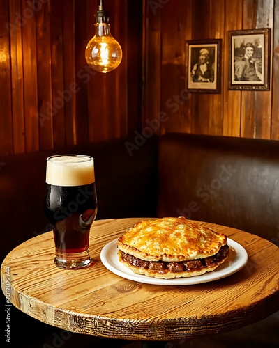 Cozy beerhouse food moment savouring meat pie and dark beer on wooden table in rustic pub atmosphere homestyle pie dinner scene