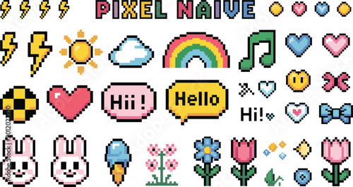 Colorful pixel art collection with playful icons including sun, rainbow, animals, speech bubbles, and nostalgic retro graphics