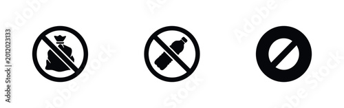 Valokuva Set of black prohibition icons for no littering, no plastic bottles, and general restriction signs on a white background