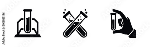 Принти на полотні Professional set of laboratory test tube icons including a rack, crossed tubes with bubbles, and a hand holding a vial for scientific research