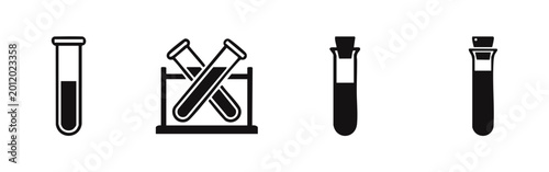 Foto Set of black and white test tube icons representing laboratory science, chemistry research, and medical testing in a clean, flat design style