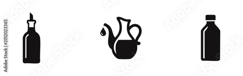 Εκτύπωση καμβά Set of three black minimalist icons of liquid containers including an oil bottle with a pourer, a cruet with a drop, and a capped glass bottle