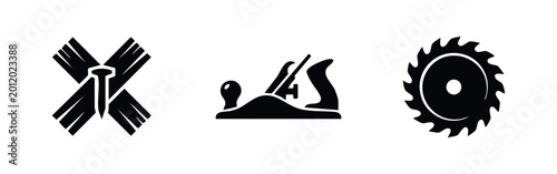 Fotografie Set of black silhouette woodworking icons including a hand plane, circular saw blade, and crossed planks with a nail